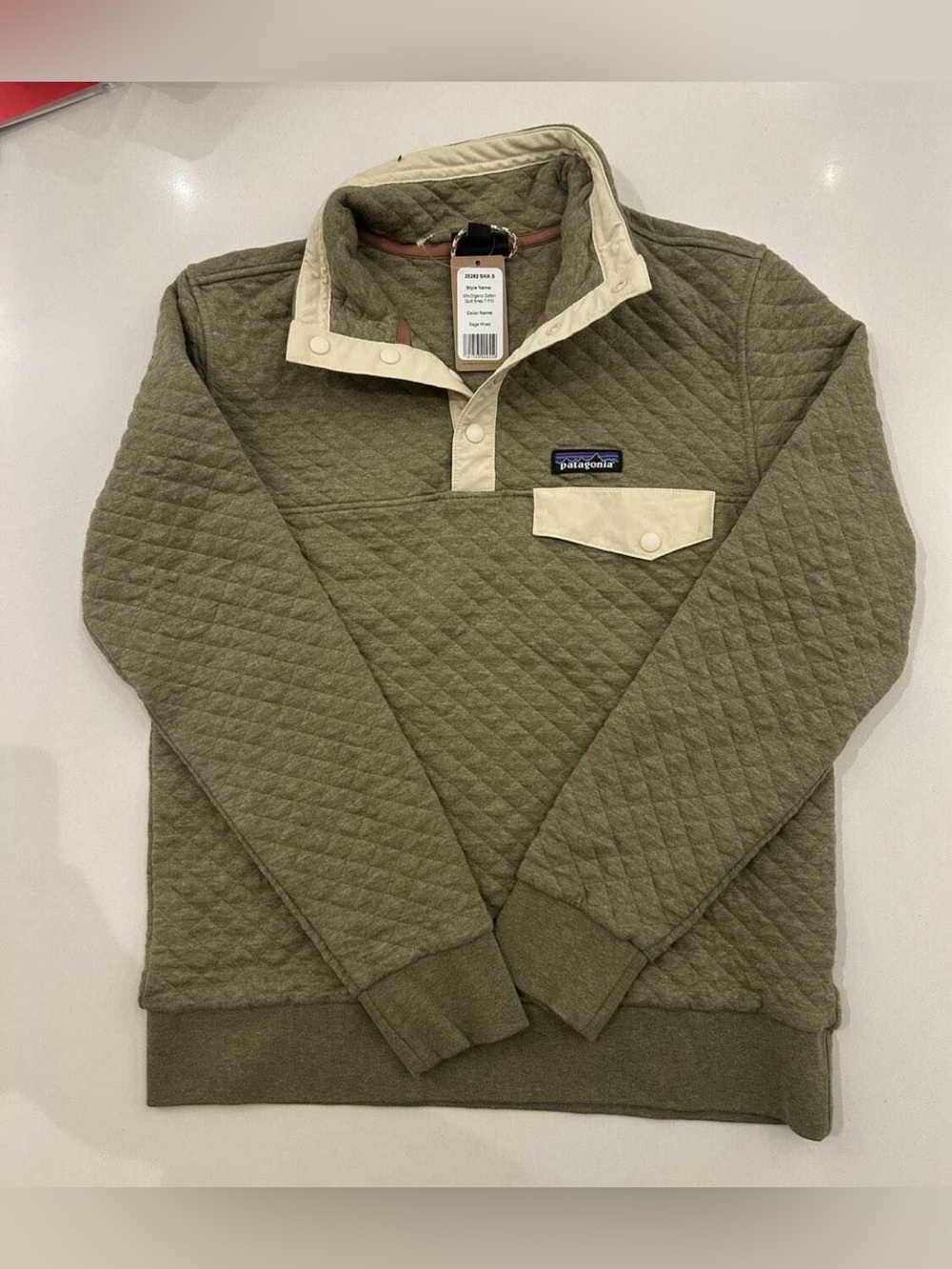 Patagonia Olive Quilted Snap-Placket Pullover with Cream Accents